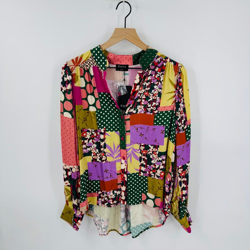 Fate Patchwork‎ Print Button Front Blouse NWT Women's Small Colorful Boho Top